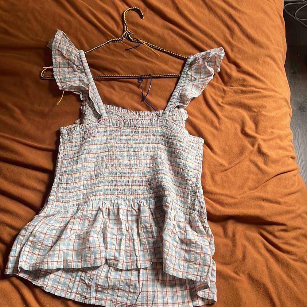Madewell Seersucker Lucie Smocked Peplum Top in Rainbow Plaid size 6 with tags - Picture 6 of 6